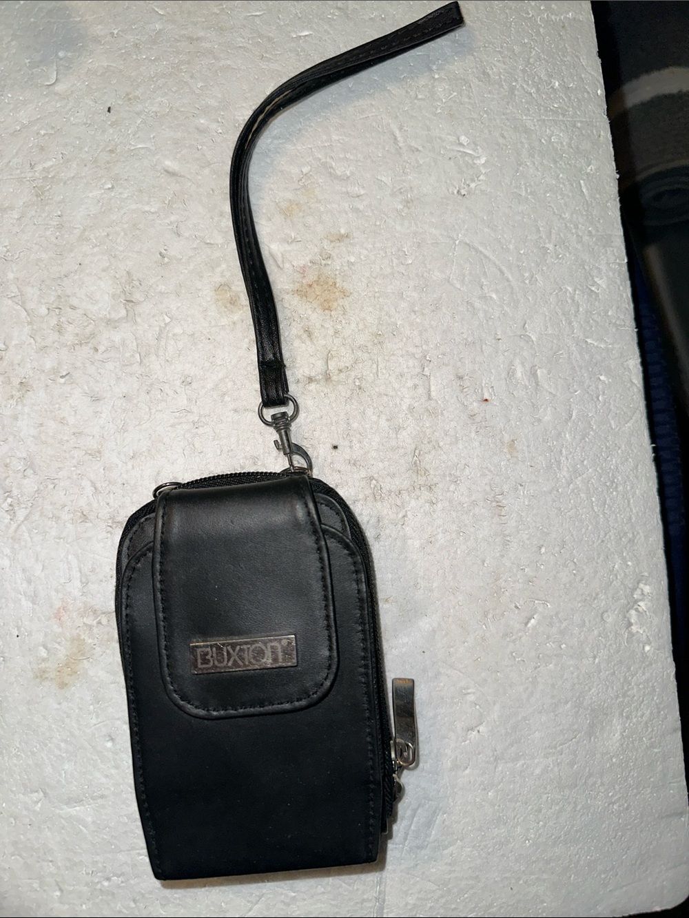 Vintage Buxton black leather wallet with cell pocket and detachable strap
